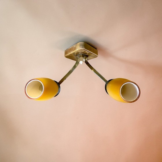 Image 1 of Vintage Mid Century Modern double opaline glass and wood wall sconce