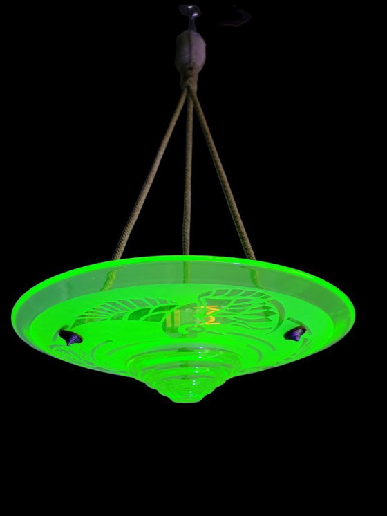 Image 1 of Very rare French Art Deco uranium chandelier from ca. 1925 by André Delatte with etched bird motif