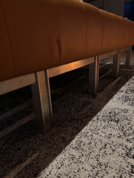 Image 1 of Large Tufted Leather Ottoman / Bench – Mid-Century Style – Cognac – 150 cm