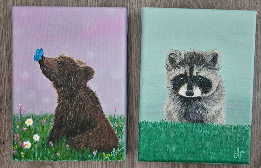Handmade acrylic painting of a baby bear with a butterfly on its nose