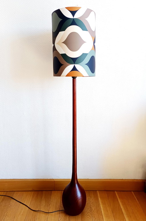 Lampadaire En Teck Scandinave Et Abat-Jour Style 1970