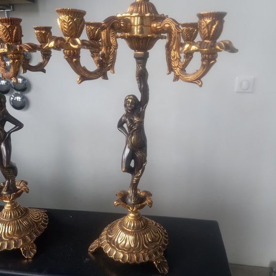 Image 1 of Paire Splendide Bougeoir Candelabre Bronze Doré  Femme Nue