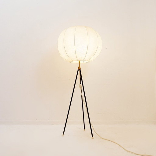 Vintage Cocoon tripod floor lamp with brass accents, 1960s