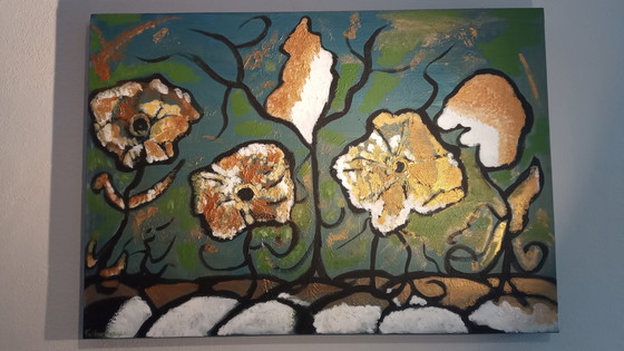 Image 1 of T.van Steenbergen Happy Golden Flowers 70 x 109 cm