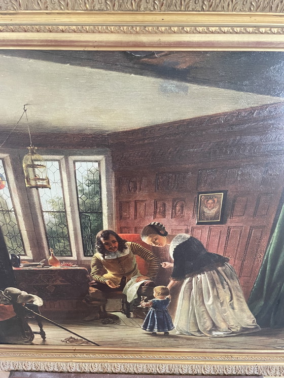 Image 1 of Tableau ancien encadré – The First Step – reproduction entoilée – cadre doré – style classique – art victorien – 76x83 cm
