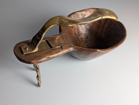 Image 1 of David Marshall, skulpturale Obstschale aus Bronze und Holz, Tischdekoration, 1970er Jahre