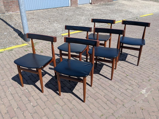 Image 1 of Zeldzame Deens Design 'Longette' Eetkamersuite van Hans Olsen voor Frem Røjle – 6 Nestbare Stoelen