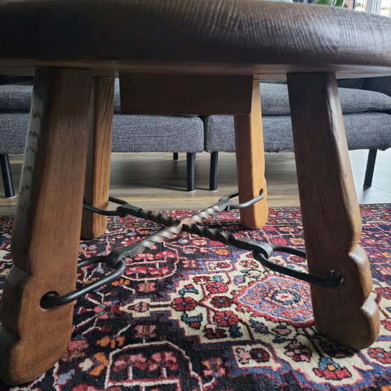Image 1 of 1950/60 brutalist Massief Eikenhouten handgesmede ijzeren salontafel 