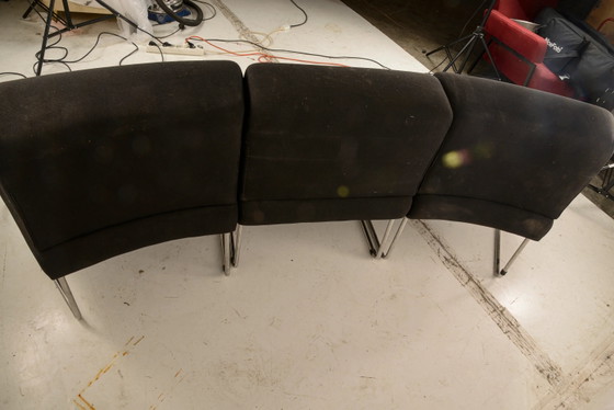 1960s 3-Piece Sofa with Two Curved Sections and One Straight Central Section, Black Fabric and Chrome Steel (photo 8 of 10)