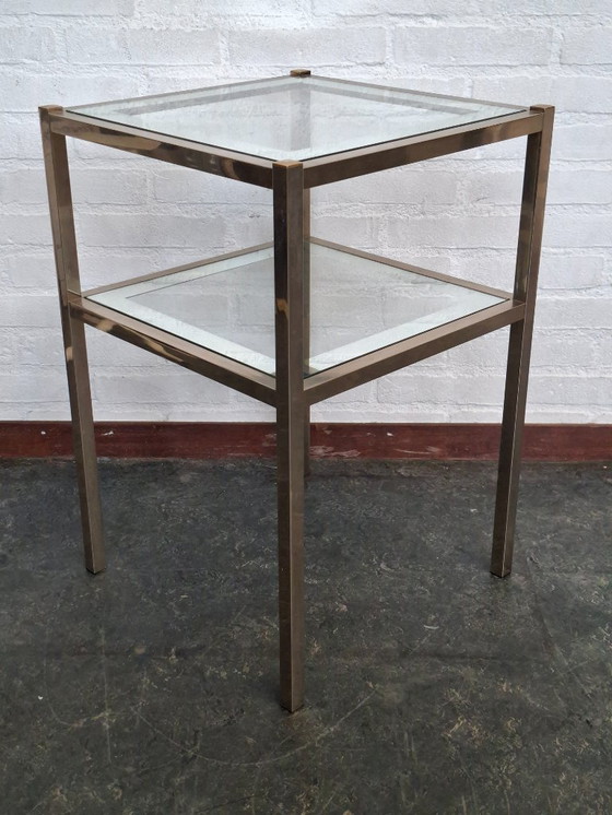 Image 1 of Hollywood Regency Brass Two-Tier Mirrored Side Table