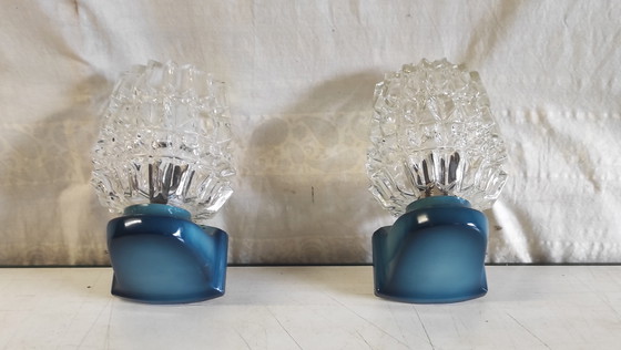 Image 1 of Apliques de pared de cristal azul y plástico - década de 1970