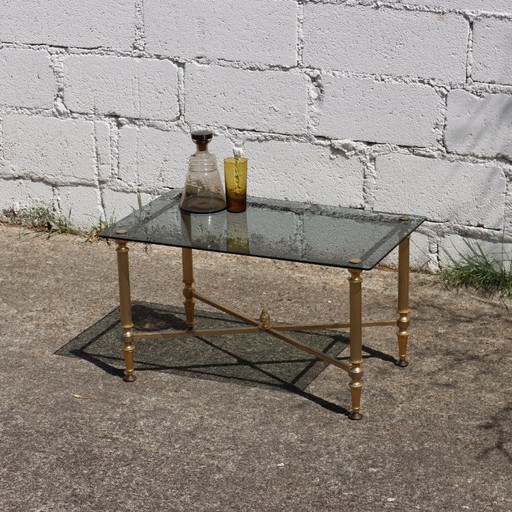 French vintage smoked Glass and Brass Coffee Table -Lounge Table Hollywood Regency Style-80s