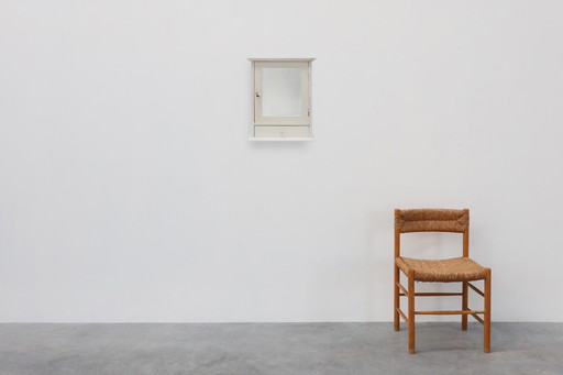 Franse Art Deco witte spiegelende scheer- of medicijnkast in eikenhout