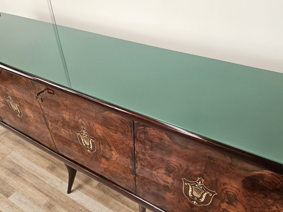 Image 1 of Mid-Century Mahogany Sideboard with Teal Glass and Compartments with Drawers, 1950