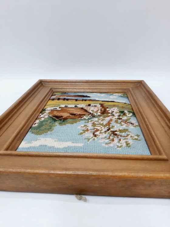 Image 1 of Vintage German Hand Needle point, Gobelin, spring landscape, framed