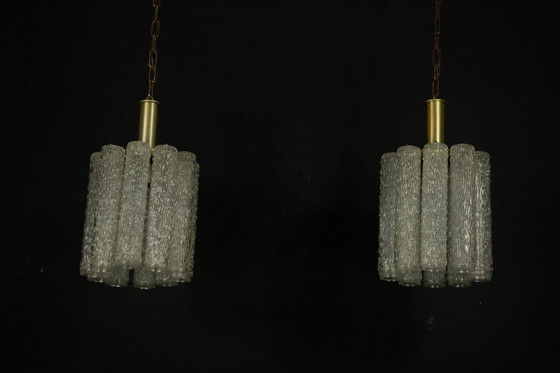 Image 1 of Pair of Murano Glass and Brass Chandeliers in the Style of Toni Zuccheri, Italy 1970s