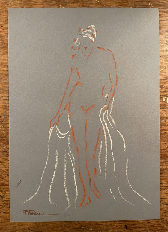 Image 1 of Tableau Signé Sanguine Pastel Blanc Papier Bleu Denim Portrait Femme Bains