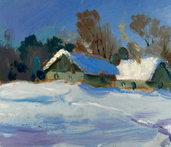 Image 1 of Original Oil Painting Winter Village Landscape Snowy path to the village