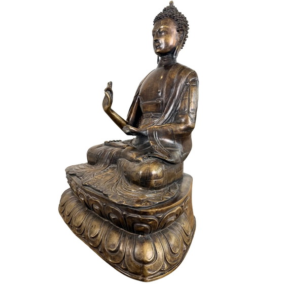 Estatua Monumental Antigua Bronce Dorado al Fuego Buda Shakyamuni – Túnica Kasaya Campo Arroz – Siglo XVIII (photo 9 of 10)