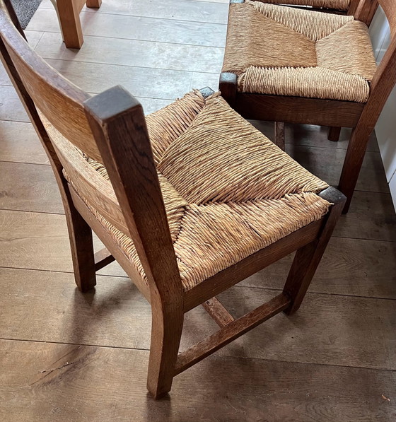 Houten butalistische stoelen set, Eetkamerstoelen, Rotan, Beige (foto 9 van 9)