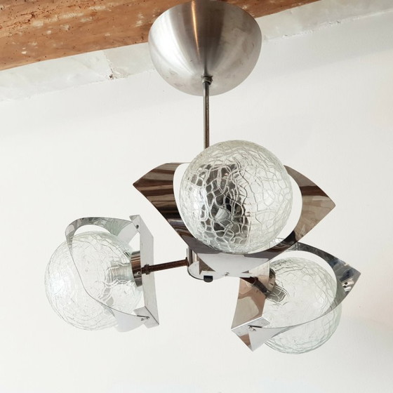 Image 1 of LUSTRE PLAFONNIER SPUTNIK 1970 VINTAGE 3 BOULES VERRE & ACIER CHROME 70S 70'S