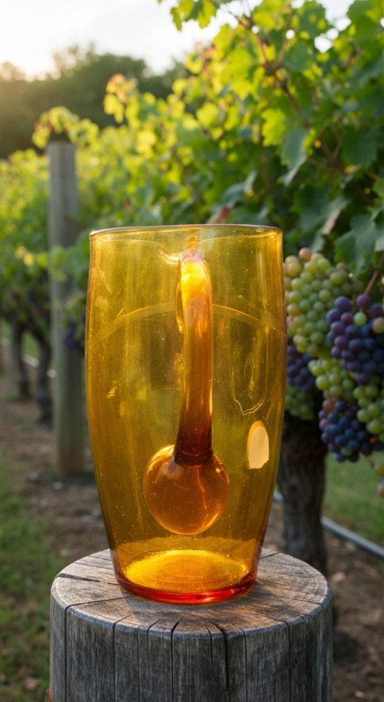 Image 1 of Brocca da vino vintage boema color ambra con incisione a grappolo d'uva.