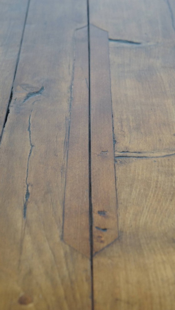 Image 1 of Large antique French farmhouse dining table made of fruitwood from the late 18th century with beautiful and original details.