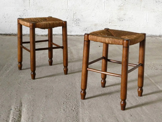 pair of wooden and straw stools, 1960 – Mid Century Modern (photo 5 of 5)