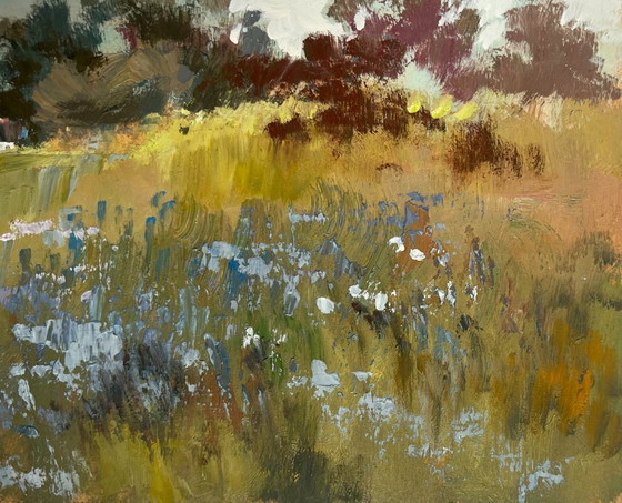 Image 1 of Original Oil Painting Gray Day Landscape Summer flower meadows