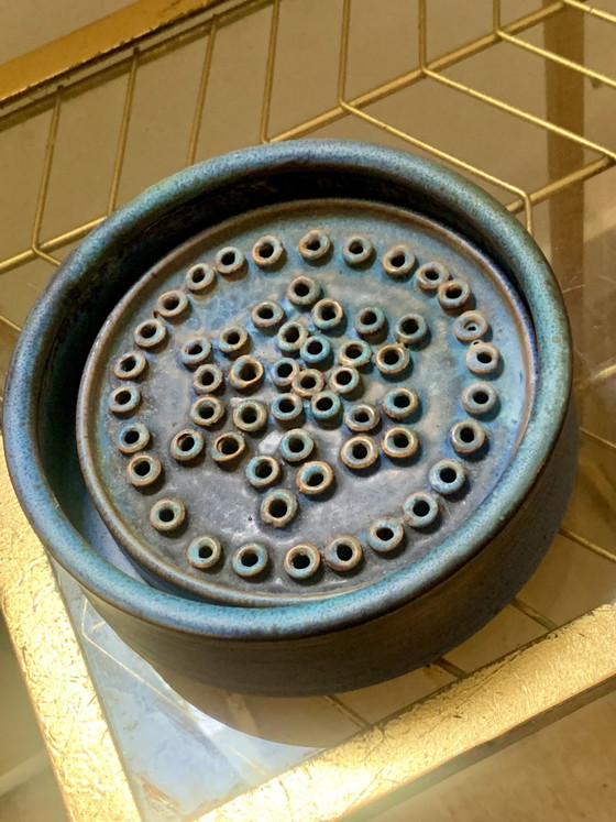 Rare Coupe Pique-Fleurs Ikebana, Grès Émaillé Réactif, Poterie Ludovic Dangon (Salins-les-Bains), Vases (photo 11 sur 15)