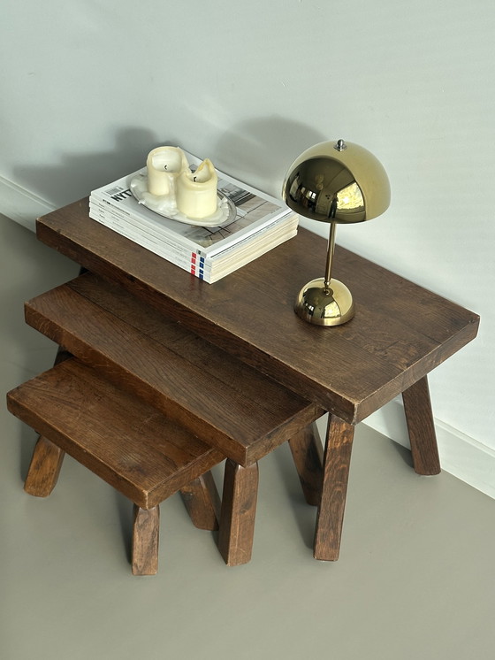 Image 1 of Tavolini ad incastro brutalisti vintage Mimi, set di tavolini laterali in rovere massello, stile retrò anni '70