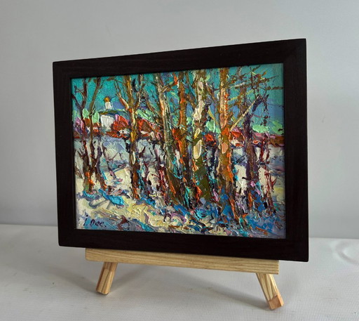 Original Oil Painting Winter Church Landscape Sunny winter day