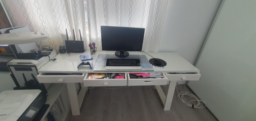 Long Desk, White, With Custom Made Glass Top/Long Desk, White, With Custom Made Glass Top