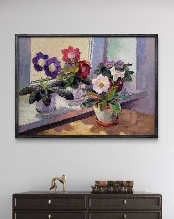 Original Oil Painting Floral Still Life Flowers on the Window Gloxinia in a Vase – Paintings & Drawings (photo 2 of 7)
