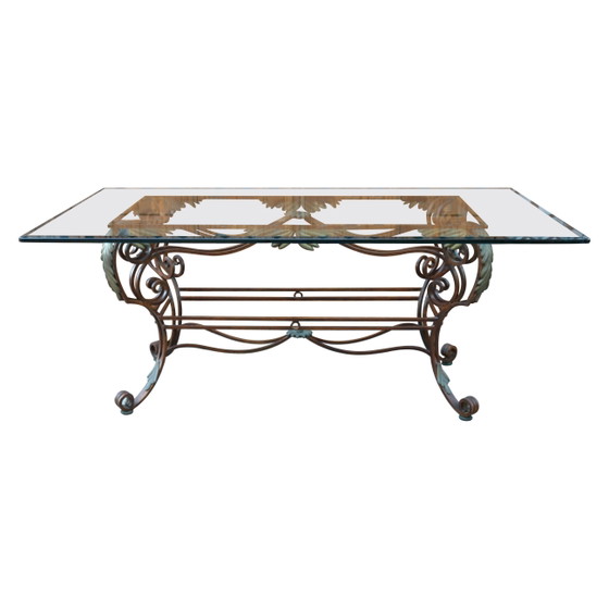 Table de salle à manger italienne méditerranéenne en acier plaqué laiton effet bambou et plateau en verre (photo 6 of 21)