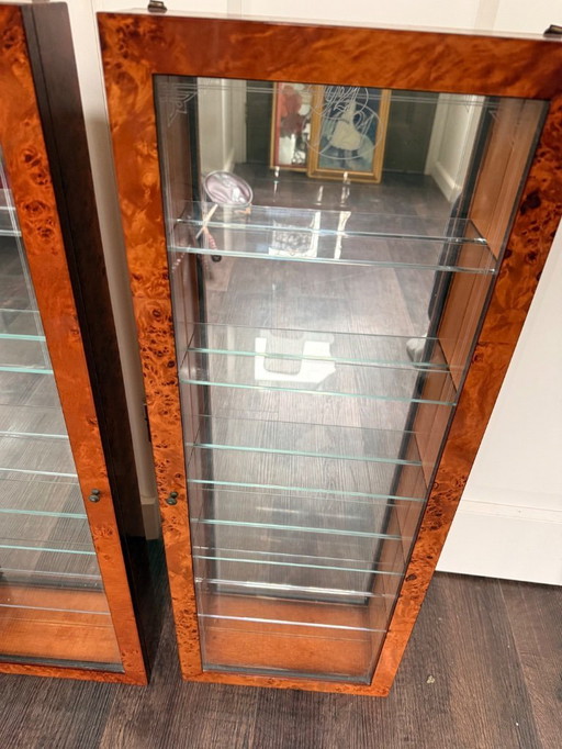 Antique 1921 tiger oak curio display cabinets with glass shelves 