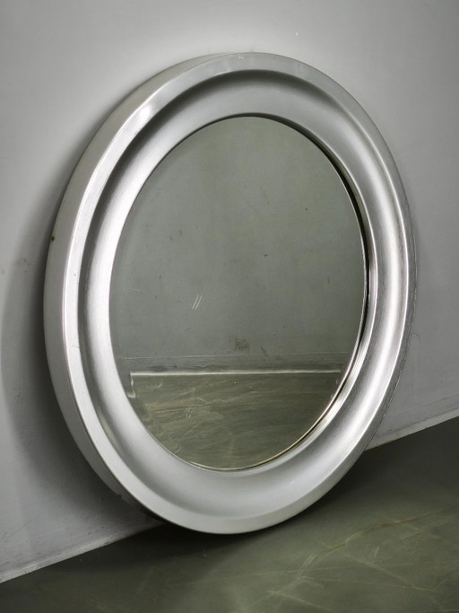Specchio da Parete Rotondo Italiano Space Age Anni '70 con Cornice Argentata