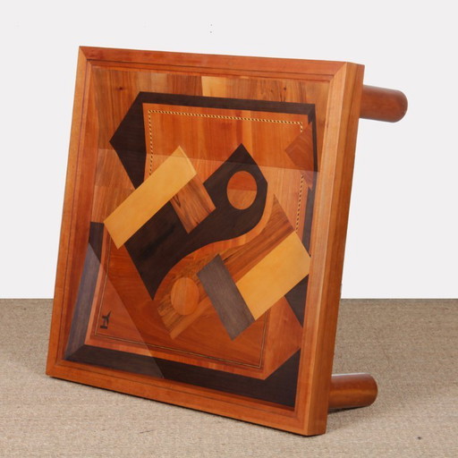 Square coffee table, handcrafted marquetry work, 1985