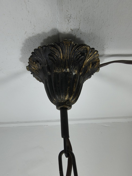 Image 1 of Lampada a sospensione vintage con globo in vetro pressato color ambra – stile retrò anni '70