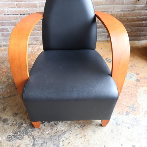 Vintage armchair leather wood Spanish 80s