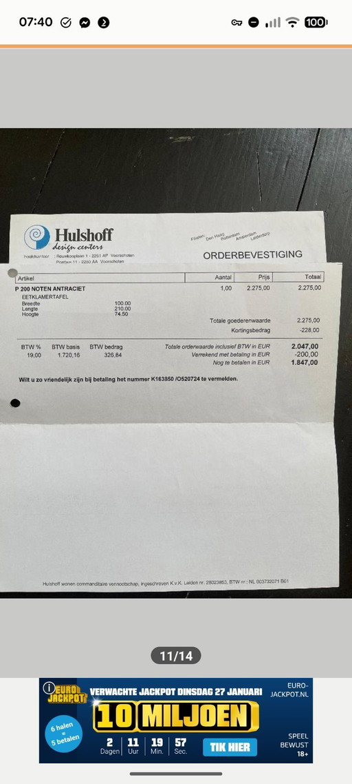 Hulshoff Design dining table walnut (210x100cm)