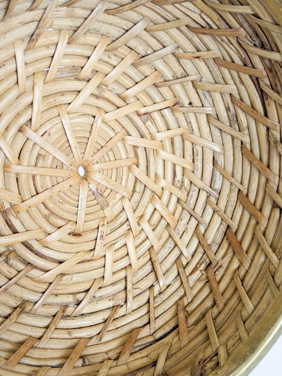 Image 1 of Vintage Rattan Brass Bowl Gabriella Crespi Style 1970s Handwoven Fruit Basket