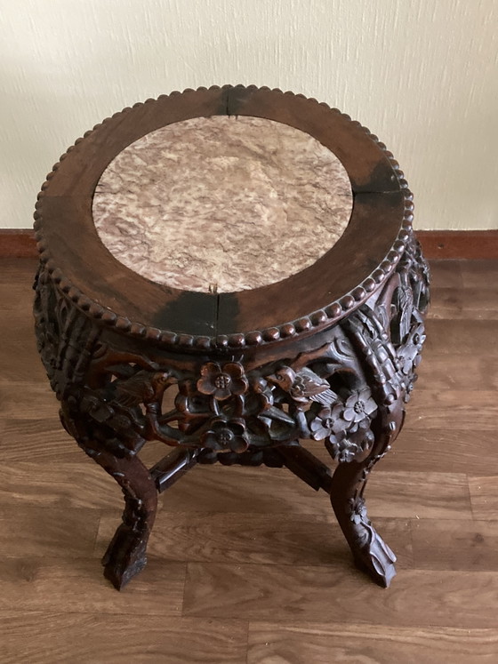 Antique Chinese Richly Decorated Wood Carving, Birds and Flowers – Plant table, Marble (photo 3 of 5)