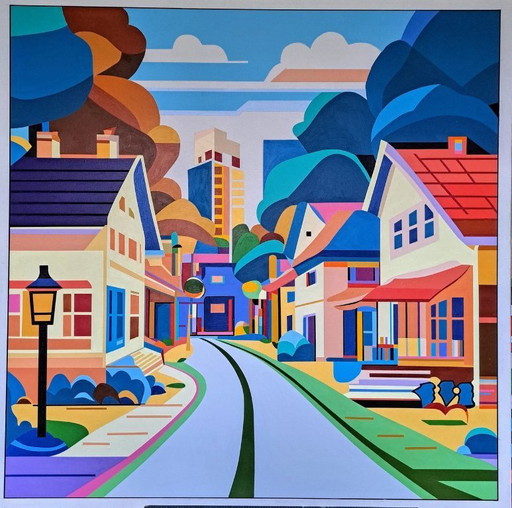Colorful abstract painting "Home Sweet Home" - acrylic on MDF by Franklin van Dam (95x95 cm)