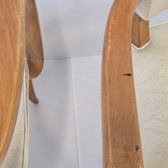 Image 1 of PAIR OF VINTAGE 1950S BRIDGE ARMCHAIRS IN BEECH & SKAI 50S ROCKABILLY 1950s