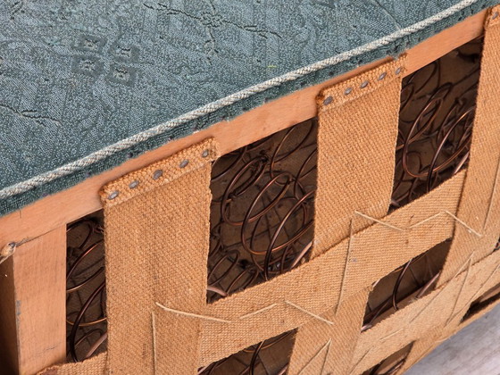 Image 1 of 1960s, Danish 3-seater curved sofa, light green furniture fabric, original condition.