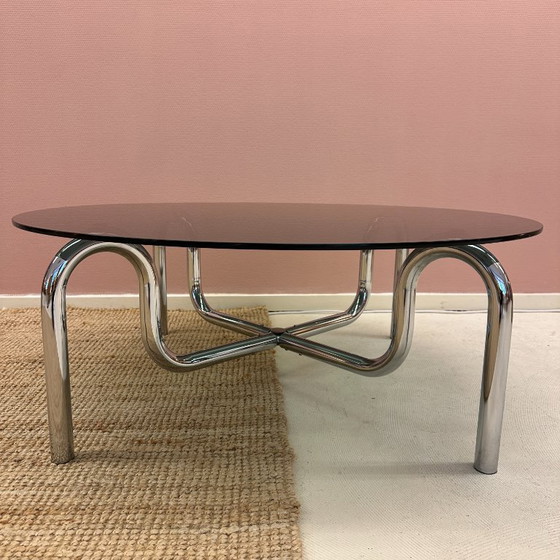 Image 1 of Curved tubular chrome coffee table with round glass top
