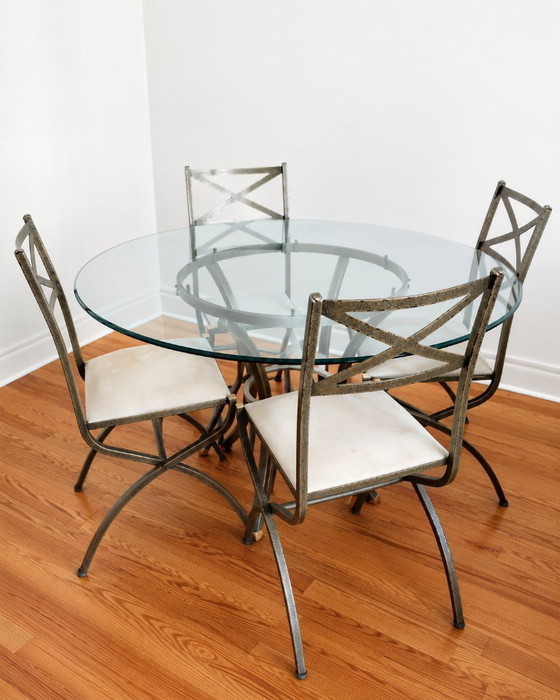Pierre Vandel Paris – Round Glass Table + 4 Chairs, Certificates – Dining tables, Metal (photo 4 of 6)