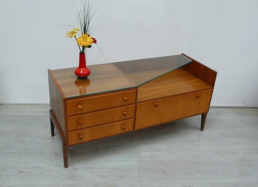 Lage commode met 3 lades en deur, salontafel, jaren 60 Mid Century Modern – Glass, Wood