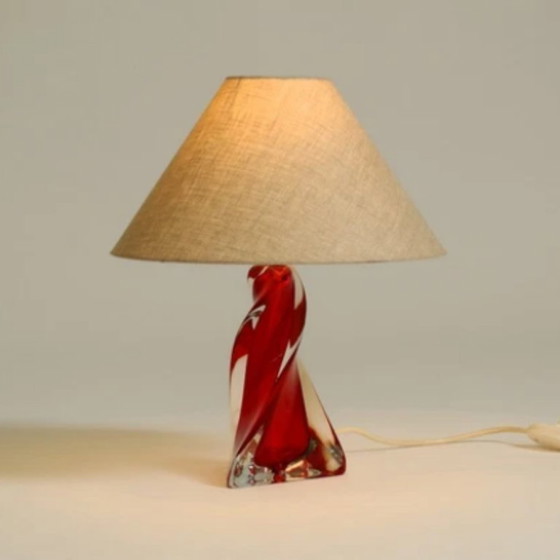 Image 1 of Beautiful, heavy table lamp in mid-century modern style made of solid crystal glass in red and transparent.